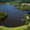 a lake with trees and grass